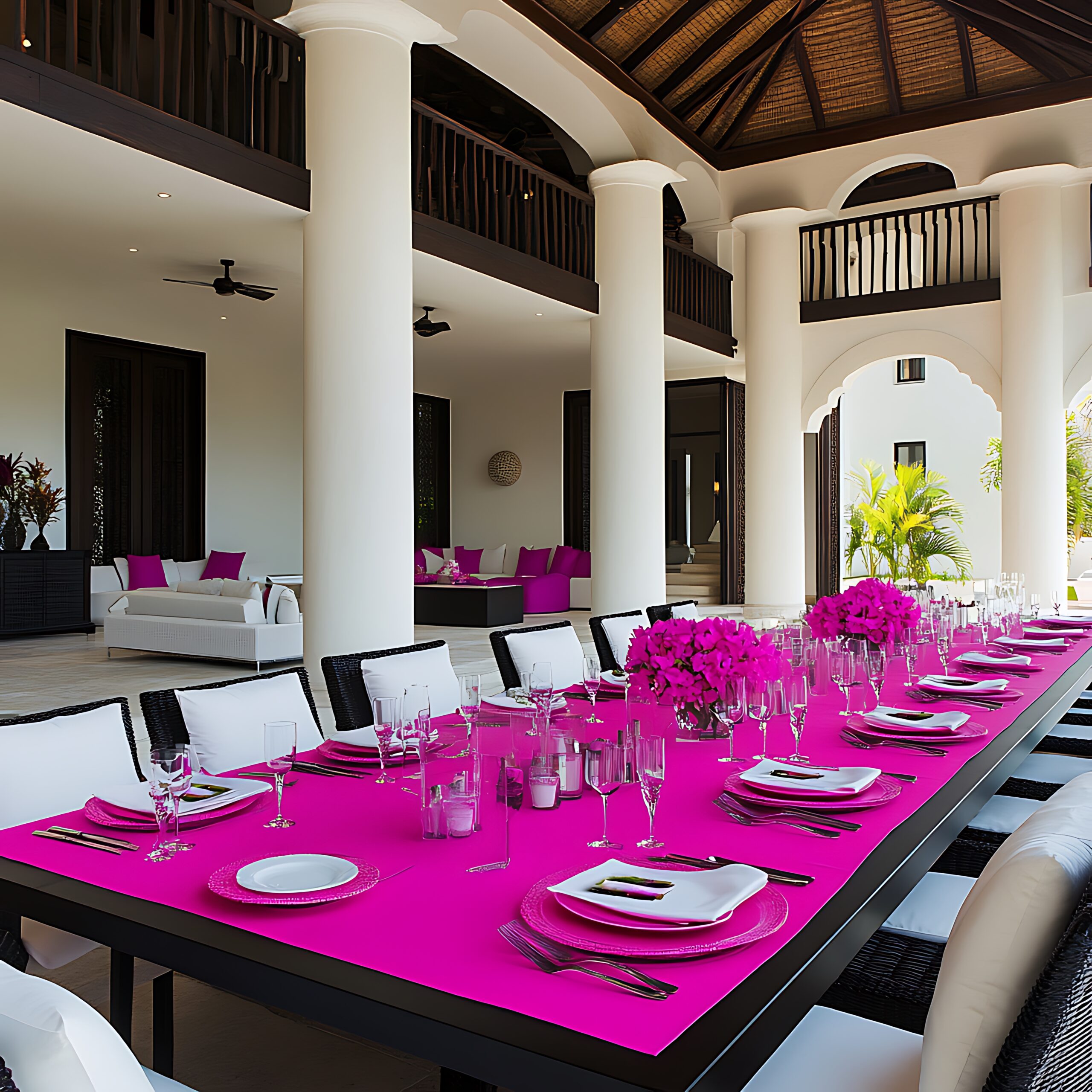 A beautifully set table for a luxurious dinner with a pink tablecloth and pink flowers, perfect for a special occasion. The table is set with glasses, silverware, and plates, and the chairs are draped with white cushions. The dining room is spacious and has white walls and black beams, creating a modern and elegant atmosphere. This image is ideal for advertising luxury vacation rentals, resorts, and restaurants.